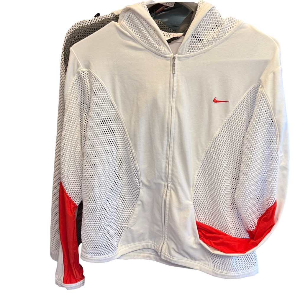Nike Dri Fit Mesh Hoodie White with Orange Detail | Size Medium (8-10)